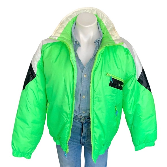 v i n t a g e :: Vibrant Neon Green Quilted Puffer Ski Winter Jacket - Picture 16 of 16